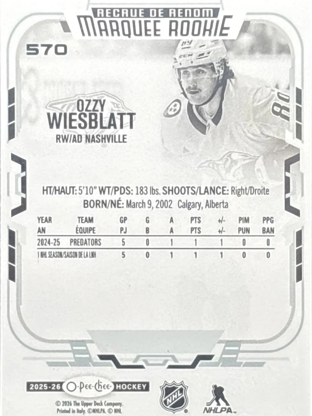 O-Pee-Chee Marquee Rookie Trading Card - Ozzy Wiesblatt